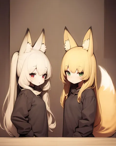 <lyco:shirokujira-NAI-LyCORIS:1>, 2girls, fox_ears, fox_tail, blonde_hair