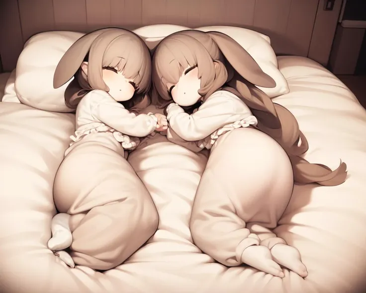 <lyco:shirokujira-NAI-LyCORIS:1>
two tucked in rabbit_girls sleeping peacefully in their bed