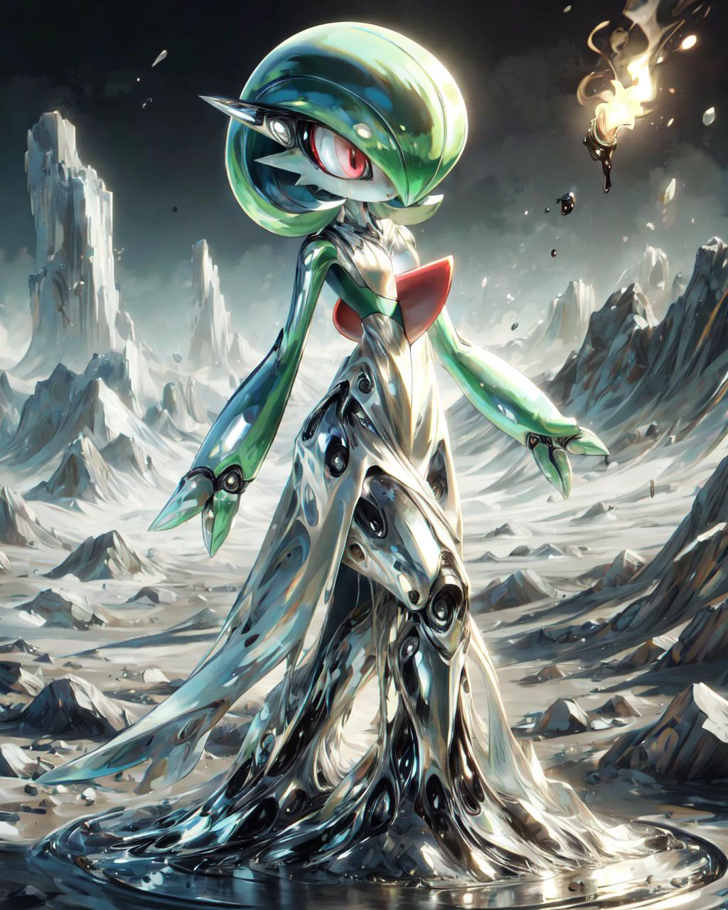 1girl, solo, masterpiece, <lora:add_detail:0.7>, <lora:gardevoir_v2:1> gardevoir, white dress, bangs, colored skin, flat chest, green hair, green skin, hair over one eye, multicolored skin, pokemon \(creature\), red eyes, short hair, two-tone skin, white skin, <lora:MercuryTech:0.8> corrosion, acid aura, mercurytech, molten metal,