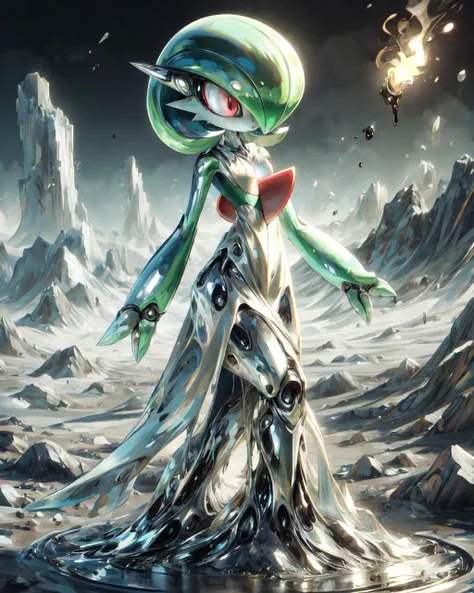 1girl, solo, masterpiece, <lora:add_detail:0.7>, <lora:gardevoir_v2:1> gardevoir, white dress,  bangs, colored skin, flat chest, green hair, green skin, hair over one eye, multicolored skin, pokemon \(creature\), red eyes, short hair, two-tone skin, white skin,  <lora:MercuryTech:0.8> corrosion, acid aura, mercurytech, molten metal,