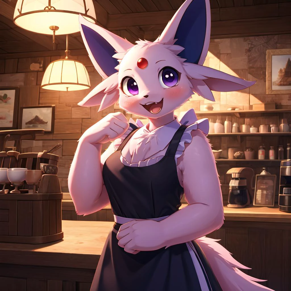 <lora:Espeon_by_Spooklly_V007:1>,pink pokemon,purple eyes,(baby_espeon wearing maid:1.1),tail,cat,no humans,solo,<lora:add_detail:0.7>,(body fur:1.3),(fluffy:1.3),
SFW,(masterpiece:1,2),best quality,masterpiece,highres,original,extremely detailed wallpaper,perfect lighting,(extremely detailed CG:1.2),indoor,coffee house,happy,cute,blush,(2tooth:1.2),