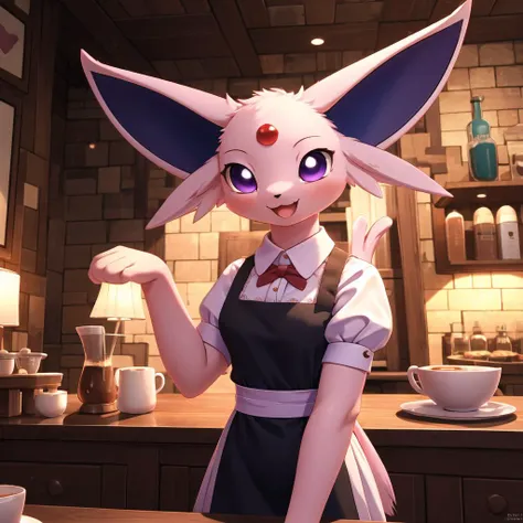 <lora:Espeon_by_Spooklly_V007:1>,pink pokemon,purple eyes,(baby_espeon wearing maid:1.1),tail,cat,no humans,solo,<lora:add_detail:0.7>,(body fur:1.3),(fluffy:1.3),
SFW,(masterpiece:1,2),best quality,masterpiece,highres,original,extremely detailed wallpaper,perfect lighting,(extremely detailed CG:1.2),indoor,coffee house,happy,blush,Extend a hand to entertain guests,