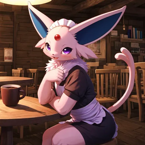 <lora:Espeon_by_Spooklly_V007:1>,pink pokemon,purple eyes,(baby_espeon wearing maid:1.2),tail,cat,no humans,solo,<lora:add_detail:0.7>,(body fur:1.3),(fluffy:1.3),
SFW,(masterpiece:1,2),best quality,masterpiece,highres,original,extremely detailed wallpaper,perfect lighting,(extremely detailed CG:1.2),indoor,coffee house,happy,animal focus,cute,