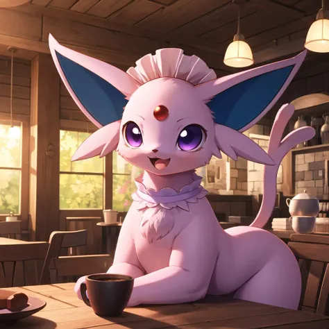 <lora:Espeon_by_Spooklly_V007:1>,pink pokemon,purple eyes,(baby_espeon wearing maid:1.2),tail,cat,no humans,solo,<lora:add_detail:0.7>,(body fur:1.3),(fluffy:1.3),
SFW,(masterpiece:1,2),best quality,masterpiece,highres,original,extremely detailed wallpaper,perfect lighting,(extremely detailed CG:1.2),indoor,coffee house,happy,animal focus,