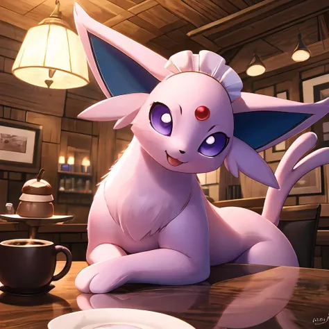 <lora:Espeon_by_Spooklly_V007:1>,pink pokemon,purple eyes,(baby_espeon wearing maid:1.2),tail,cat,no humans,solo,<lora:add_detail:0.7>,(body fur:1.3),(fluffy:1.3),
SFW,(masterpiece:1,2),best quality,masterpiece,highres,original,extremely detailed wallpaper,perfect lighting,(extremely detailed CG:1.2),indoor,coffee house,happy,animal focus,cute,