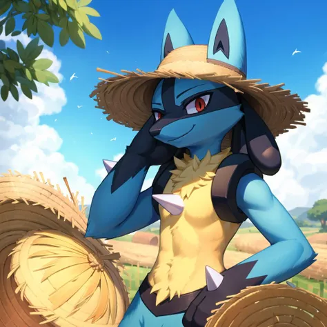 <lora:Lucario:0.6>,<lora:add_detail:0.7>,(body fur:1.3),(fluffy:1.3),wolf,spikes,blue fur,furry male,red eyes,(lucario wearing hat:1.3),lucario,
SFW,(masterpiece:1,2),best quality,masterpiece,highres,original,extremely detailed wallpaper,perfect lighting,(extremely detailed CG:1.2),(furry:1.1),(solo:1.1),smile,in autumn,rice paddy,(straw_hat:1.3),