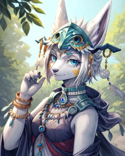 1girl, solo, masterpiece, <lora:add_detail:0.7>, <lora:mineru2.2:0.8> mineru, zonai, facial markings, grey body, blue eyes, white hair, mask, jewelry, anthro