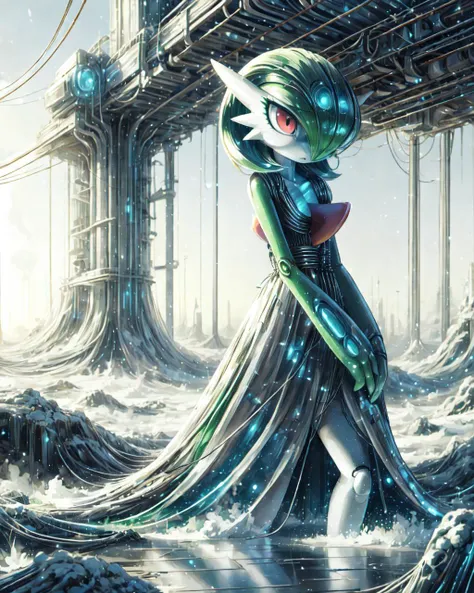 1girl, solo, masterpiece, <lora:add_detail:0.7>, <lora:WiredTech:0.9> , wiredtech , scifi, detailed , wire,, <lora:gardevoir_v2:1> gardevoir, white dress, bangs, colored skin, flat chest, green hair, green skin, hair over one eye, multicolored skin, pokemon \(creature\), red eyes, short hair, two-tone skin, white skin, standing, outdoors