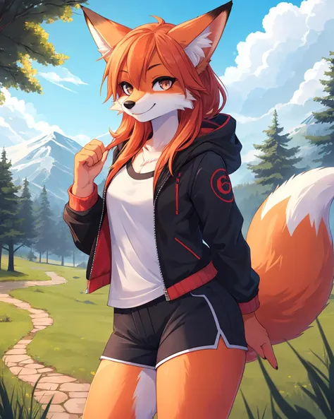 1girl, solo, masterpiece,  Fox girl, furry, anthro, body fur, fox tail, outdoors, smile, scenery, shirt, jacket, shorts