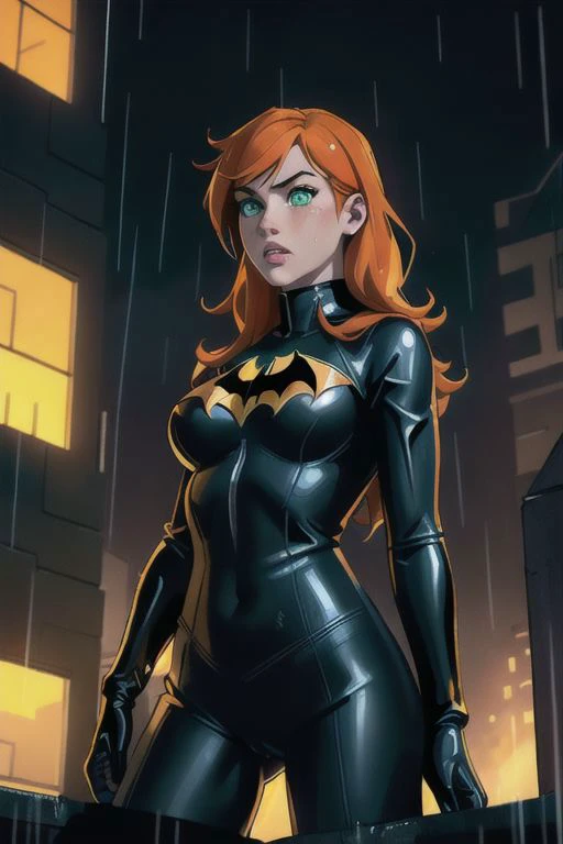 masterpiece, best quality, 1girl,batgirl, ((soaking wet)), from below, realistic, catsuit, mask, breasts, green eyes looking up, orange hair, lips, solo, ((heavy rain)), black night sky, moon, city <lora:Batgirl:1> (masterpiece, best quality, highres), no pants, no panties, crotchless, (((vagina visible)))