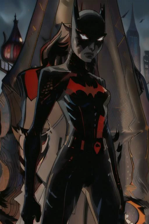 a woman, masterpiece, best quality, 1girl,batgirl, (((flying))), atmospheric scene, (detailed beautiful face, detail skin texture, ultra-detailed body:1.1),, ((extreme skin detail)), hdr, ((ultrarealistic)), (((petite))), (orange hair), roof top, medium breasts, iridescent (((tight red pants))), (((red batman logo))), (((camel toe))), (((ripped clothing))), dark eye make up smeared, (angry look), red utility belt, clothed nipples, fire and explosions, black lit