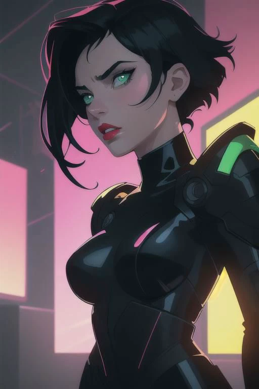 1girl, short black hair, neon green eyes, looking at viewer, solo, upper body,(masterpiece:1.4),(best quality:1.4),red lips,parted lips, cyberpunk background:1,dramatic shadows,extremely_beautiful_detailed_anime_face_and_eyes,an extremely delicate and beautiful,dynamic angle, cinematic camera, dynamic pose,depth of field,chromatic aberration,backlighting,Watercolor, Ink, epic, candystyle,