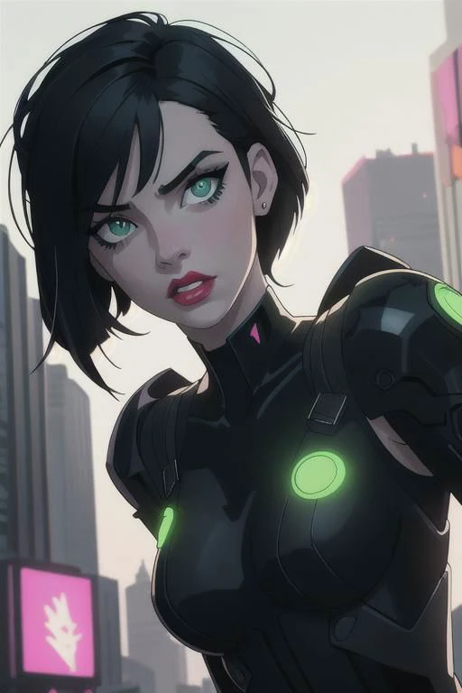 1girl, short black hair, neon green eyes, looking at viewer, solo, upper body,(masterpiece:1.4),(best quality:1.4),red lips,parted lips, cyberpunk background:1,dramatic shadows,extremely_beautiful_detailed_anime_face_and_eyes,an extremely delicate and beautiful,dynamic angle, cinematic camera, dynamic pose,depth of field,chromatic aberration,backlighting,Watercolor, Ink, epic, candystyle,