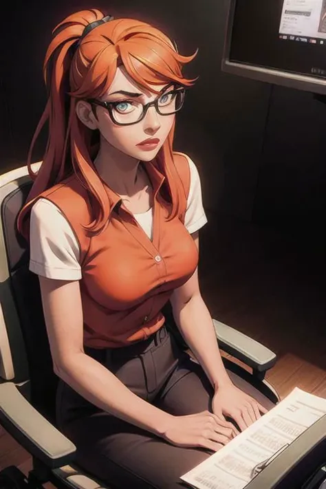 masterpiece, best quality, 1girl, solo, highres, <lora:CARTOON_DC_batgirl_ownwaifu:0.8> low lighting, high contrast lighting, harsh shadows, in a dark room, (((sitting in a wheel chair staring at a computer))), tight black shirt, tight black pants, (((glasses with harsh glare))), orange hair, collared shirt,green eyes,black-framed eyewear,bangs,breasts,under-rim eyewear,semi-rimless eyewear, ((clothed nipples)), concerned look