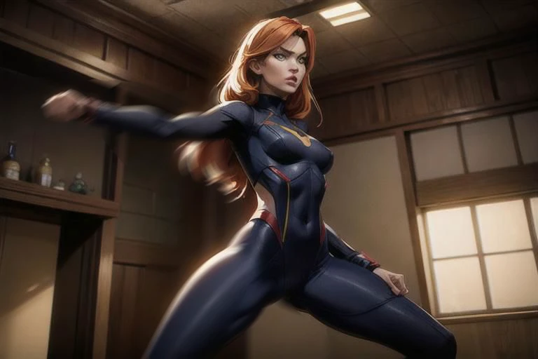 masterpiece, best quality, ultra-detailed, hyperrealistic, beautiful lighting, 1girl, solo, highres, from below, <lora:CARTOON_DC_batgirl_ownwaifu:0.8> very low lighting, high contrast lighting, harsh shadows, in a martial arts workout room, (((fighting stance))), (((tight pink karate suit))), orange hair, green eyes, medium breasts, ((clothed nipples)), concerned look, ((camel toe))