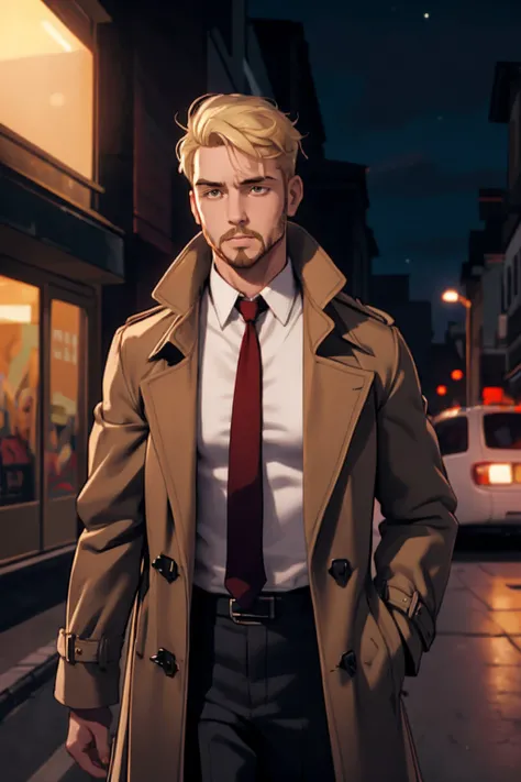 1boy, male focus, solo, blonde hair, necktie, facial hair, red necktie, shirt, trench coat, coat, white shirt, night, outdoors, ((masterpiece)) <lora:STYLEKe-Ta_v1.1.6:1>