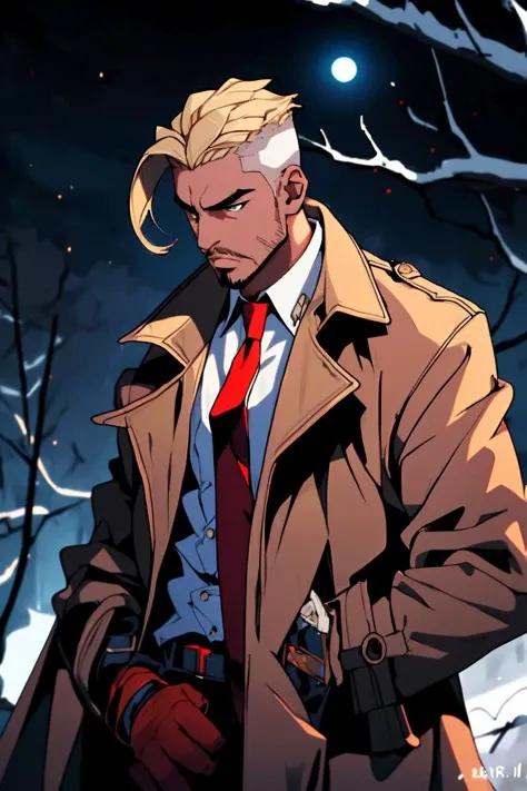 1boy, male focus, solo, blonde hair, necktie, facial hair, red necktie, shirt, trench coat, coat, white shirt, night, outdoors, ((masterpiece)) <lora:Bnij:1>