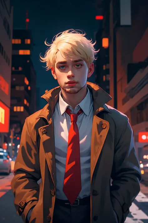 1boy, male focus, solo, blonde hair, necktie, facial hair, red necktie, shirt, trench coat, coat, white shirt, night, outdoors, ((masterpiece)) <lora:GPTS5 Heavy_387306:1>