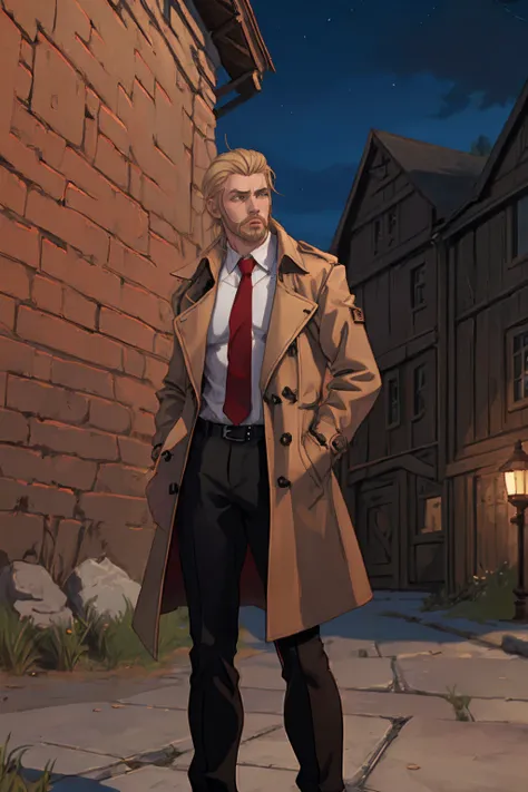 1boy, male focus, solo, blonde hair, necktie, facial hair, red necktie, shirt, trench coat, coat, white shirt, night, outdoors, ((masterpiece)) <lora:XXOOM-LyCORIS-prodigy-4rep-halfLR-DO-768:1>