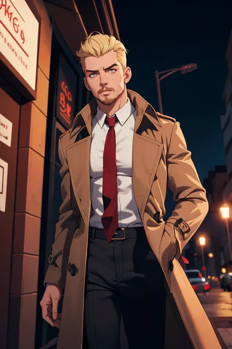 1boy, male focus, solo, blonde hair, necktie, facial hair, red necktie, shirt, trench coat, coat, white shirt, night, outdoors, ((masterpiece))
