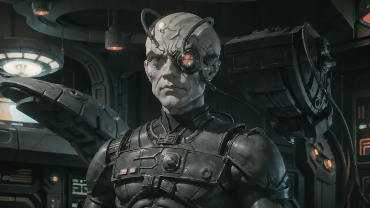 borg man, angry face, alien, cyborg, veins, bald, gray skin, cable, metal armor, eyepatch, sharp focus, scifi starship background, science fiction, <lora:race_st_borg:0.9>