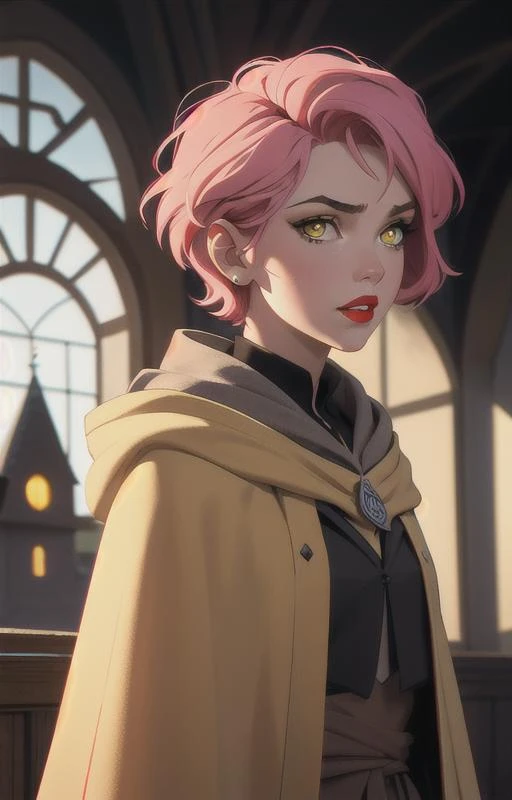 1girl, short pink hair,(hufflepuff House Cloak),( inner cloak yellow:1), (outer cloack black:1),yellow eyes, looking at viewer, solo, upper body,(masterpiece:1.4),(best quality:1.4),red lips,parted lips, hogwarts castle:1,dramatic shadows,extremely_beautiful_detailed_anime_face_and_eyes,an extremely delicate and beautiful,dynamic angle, cinematic camera, dynamic pose,depth of field,chromatic aberration,