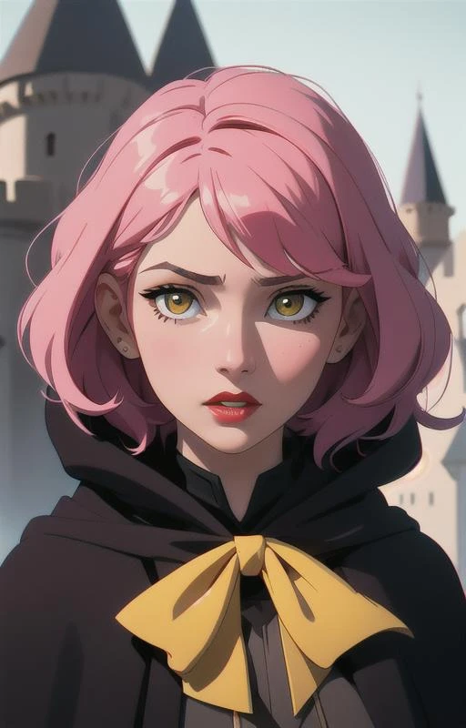 1girl, short pink hair,(hufflepuff House Cloak),( inner cloak yellow:1), (outer cloack black:1),yellow eyes, looking at viewer, solo, upper body,(masterpiece:1.4),(best quality:1.4),red lips,parted lips, hogwarts castle:1,dramatic shadows,extremely_beautiful_detailed_anime_face_and_eyes,an extremely delicate and beautiful,dynamic angle, cinematic camera, dynamic pose,depth of field,chromatic aberration,