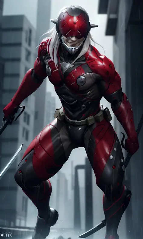 msoonmgr2024, evil smile, 1male, white hair, 8k, uhd, best quality, masterpiece, intricate, photorealistic, raw image, cyber ninja, helmet, black and red suit, sai sword, tactical suit, armor, trending on artstation, cybernetic, dramatic lighting, robotic