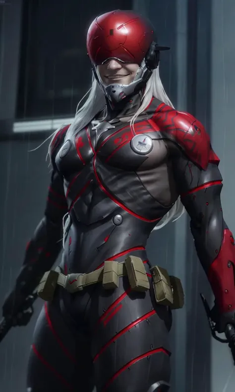 msoonmgr2024, evil smile, 1male, white hair, 8k, uhd, best quality, masterpiece, intricate, photorealistic, raw image, cyber ninja, helmet, black and red suit, sai sword, tactical suit, armor, trending on artstation, cybernetic,