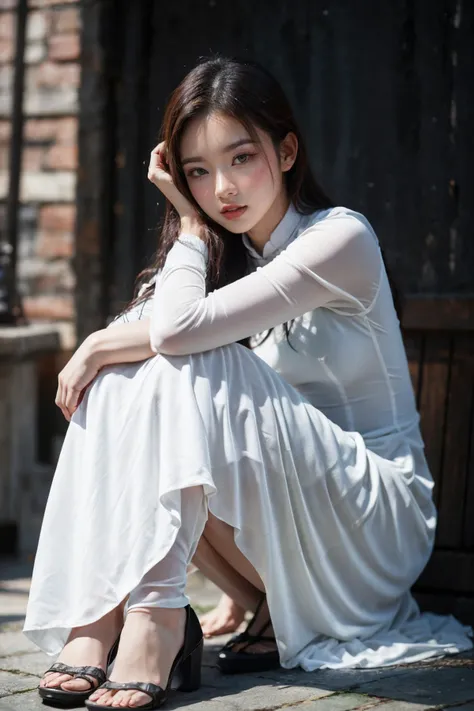 1girl, aodai white, photo art, (flower), <lora:aodai_SDLife_Chiasedamme_v3.0:0.62>, a stunning photo with beautiful saturation, ultra high res,(realistic:1.4)),deep shadow,(best quality, masterpiece), pale skin, dimly lit, shade, flustered, blush, highly detailed, skinny, BREAK depth of field, film grain, wrinkled skin, looking at viewer, knee, warm smile, (upper body), masterpiece,ultra realistic,32k,extremely detailed CG unity 8k wallpaper, best quality, (full body:1.4)