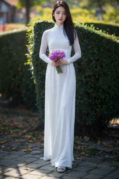 1girl, aodai white, photo art, (flower), <lora:aodai_SDLife_Chiasedamme_v3.0:0.62>, a stunning photo with beautiful saturation, ultra high res,(realistic:1.4)),deep shadow,(best quality, masterpiece), pale skin, dimly lit, shade, flustered, blush, highly detailed, skinny, BREAK depth of field, film grain, wrinkled skin, looking at viewer, knee, warm smile, (upper body), masterpiece,ultra realistic,32k,extremely detailed CG unity 8k wallpaper, best quality, (full body:1.4)