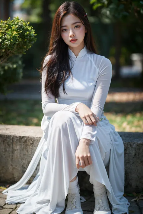 1girl, aodai white, photo art, (flower), <lora:aodai_SDLife_Chiasedamme_v3.0:0.62>, a stunning photo with beautiful saturation, ultra high res,(realistic:1.4)),deep shadow,(best quality, masterpiece), pale skin, dimly lit, shade, flustered, blush, highly detailed, skinny, BREAK depth of field, film grain, wrinkled skin, looking at viewer, knee, warm smile, (upper body), masterpiece,ultra realistic,32k,extremely detailed CG unity 8k wallpaper, best quality, (full body:1.4)