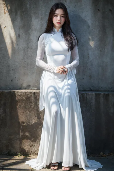 1girl, aodai white, photo art, (flower), <lora:aodai_SDLife_Chiasedamme_v3.0:0.62>, a stunning photo with beautiful saturation, ultra high res,(realistic:1.4)),deep shadow,(best quality, masterpiece), pale skin, dimly lit, shade, flustered, blush, highly detailed, skinny, BREAK depth of field, film grain, wrinkled skin, looking at viewer, knee, warm smile, (upper body), masterpiece,ultra realistic,32k,extremely detailed CG unity 8k wallpaper, best quality, (full body:1.4)