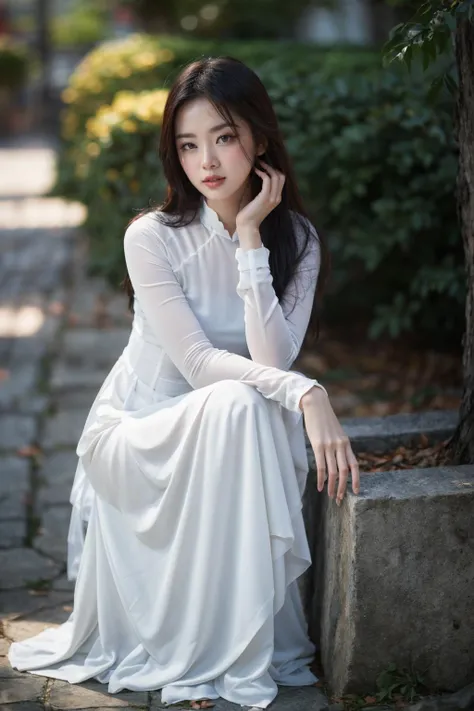1girl, aodai white, photo art, (flower), <lora:aodai_SDLife_Chiasedamme_v3.0:0.62>, a stunning photo with beautiful saturation, ultra high res,(realistic:1.4)),deep shadow,(best quality, masterpiece), pale skin, dimly lit, shade, flustered, blush, highly detailed, skinny, BREAK depth of field, film grain, wrinkled skin, looking at viewer, knee, warm smile, (upper body), masterpiece,ultra realistic,32k,extremely detailed CG unity 8k wallpaper, best quality, (full body:1.4)