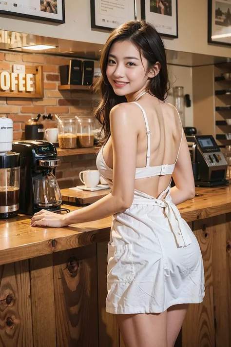 coffee counter background in Shady coffee shop, 1girl, standing, back viewer,
1girl, pretty girl, 18 years old girl, smile:1.1, happy mood, Bright eyes,
beautiful girl, masterpiece, best quality, (((look at viewer))), (detailed, eyes, iris),
8k, RAW photo, photorealistic:1.4, realistic:1.4, natural:1.4,
nudity, nsfw, apron, high hell, (pussy viewer),