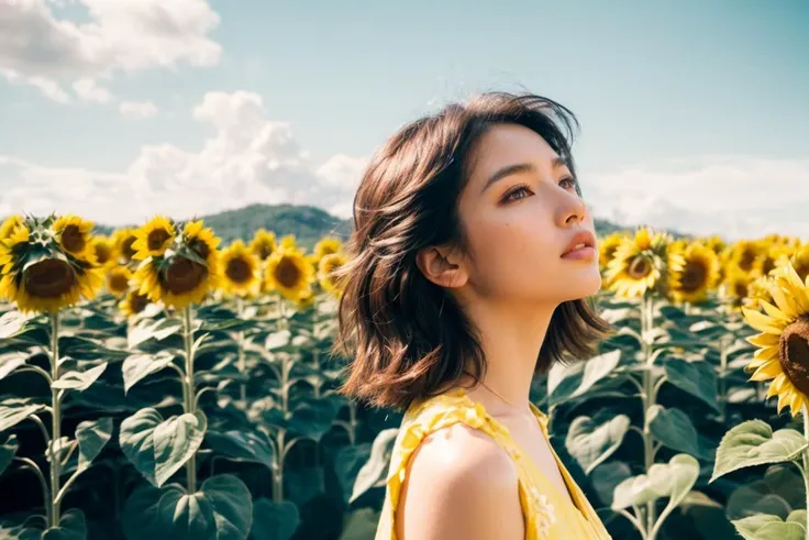 1 girl , sunflower field , ( sunflower : 1.4 )  , Elke Vogelsang, a stock photo,( yellow pastel theme : 1.4 ) ,cowboy shot, blue cloudy sky, look away  form camera , close eye ,
(masterpiece,  best quality, realistic, beautiful and aesthetic:1.4), colorful,((ultra-detailed)),cinematic light,rimlight,golden hour,
<lora:add_detail:0.6> ,<lora:epi_noiseoffset2:0.3>, <lora:lightingBasedPicture_v10:0.5>