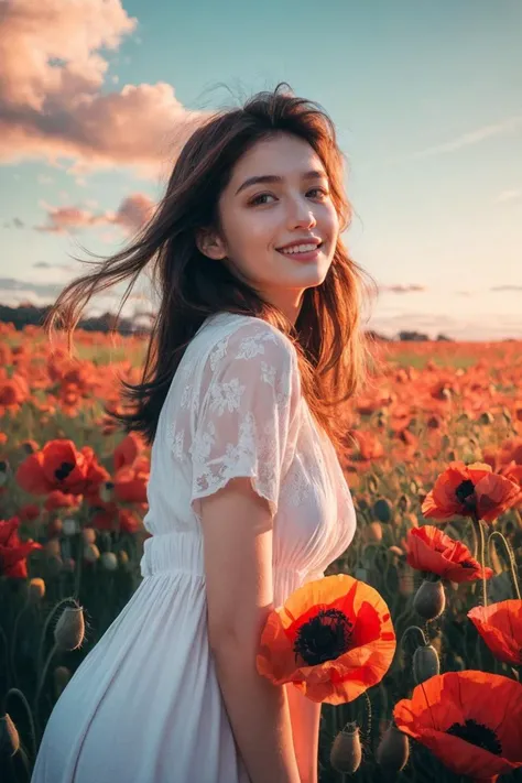 1 girl , Poppy field , ( Poppy : 1.4 ), ( white dress : 1.4 ) , Elke Vogelsang, a stock photo,( red pastel theme : 1.4 ) ,cowboy shot, blue cloudy sky, light smile,
(masterpiece, best quality, realistic, beautiful and aesthetic:1.4), colorful,((ultra-detailed)),cinematic light,rimlight,golden hour,
<lora:add_detail:0.6> ,<lora:epi_noiseoffset2:0.3>, <lora:lightingBasedPicture_v10:0.5>