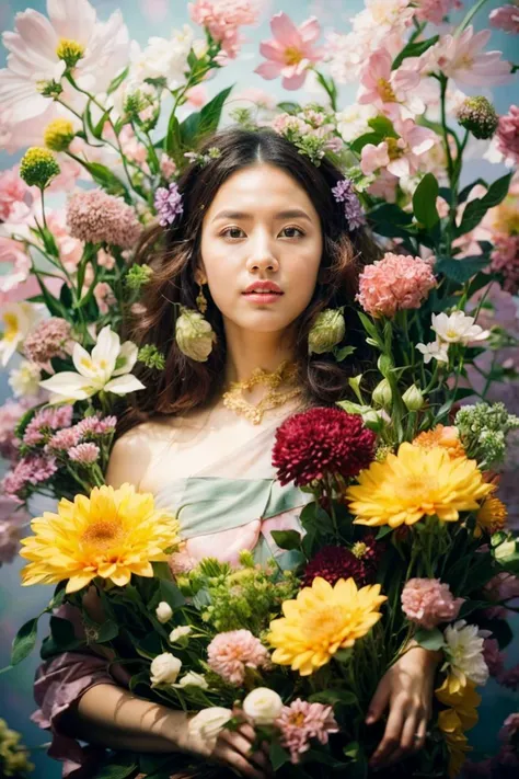 1 girl wear sabai,a lot of flowers around, Elke Vogelsang, a stock photo,( pastel theme : 1.4 ) ,( full body ,extreme long shot : 1.4 ) ,
(masterpiece,  best quality, realistic, beautiful and aesthetic:1.4), colorful,((ultra-detailed))
cinematic light,rimlight,golden hour,
<lora:add_detail:0.6> ,<lora:epi_noiseoffset2:0.3>, <lora:lightingBasedPicture_v10:0.5>, <lora:sabai6:0.95> ,<lora:flowers_20231002060558:0.4>