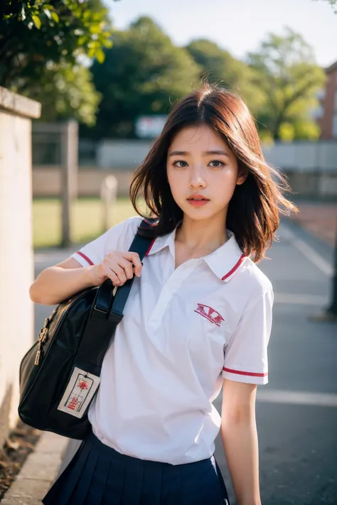 1girl, school uniform, school bag,
RAW photo, (8k, best quality, ultra high res, masterpiece:1.3), (photorealistic:1.4),
(extremely intricate:1.2), dynamic perspective, atmosphere, film grain,