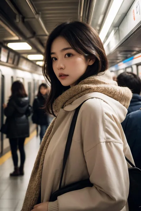 absurdres, 1girl, famai, lifelike rendering, chestnut, cowboy shot, side view, looking at viewer, evening, night shot,
a girl inside a subway station, subway train passing behind her, motion blur, (film grain:1.4), winter jacket, scarf, Radiant Comfort, Golden Hour, Cozy Ambiance
RAW photo, (8k, best quality, ultra high res, masterpiece:1.2), beautiful, unparalleled, perfect artwork,
(photorealistic:1.4), (extremely intricate:1.2),
(exquisitely detailed skin),