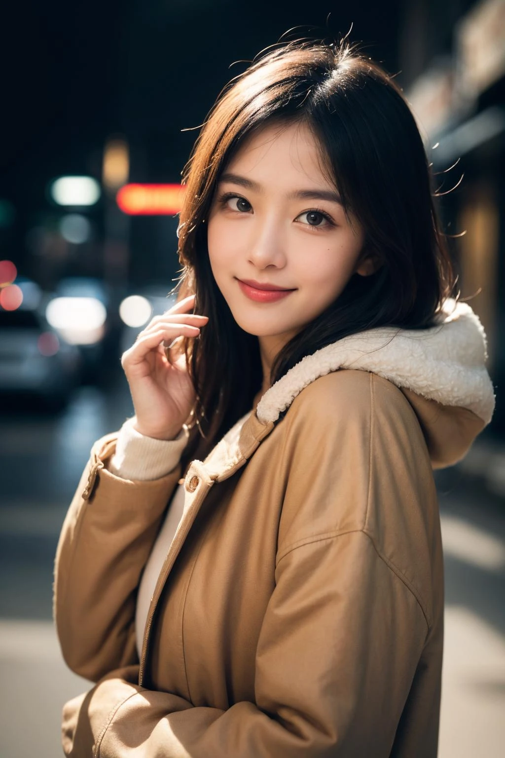 photo of beautiful (jessgou1n:0.99), a woman in a (fall:1.1), perfect hair, wearing (outerwear:1.2), modelshoot style, (extremely detailed CG unity 8k wallpaper), professional majestic (photography by joel meyerowitz:1.1), (Nikon L35AF Camera), 24mm, exposure blend, hdr, faded, extremely intricate, High Detail, Sharp focus, dramatic, soft cinematic light, (looking at viewer), (detailed pupils), cute smile, 24mm, 4k textures, soft cinematic light, adobe lightroom, photolab, elegant, ((((cinematic look)))), soothing tones, insane details, hyperdetailed, low contrast