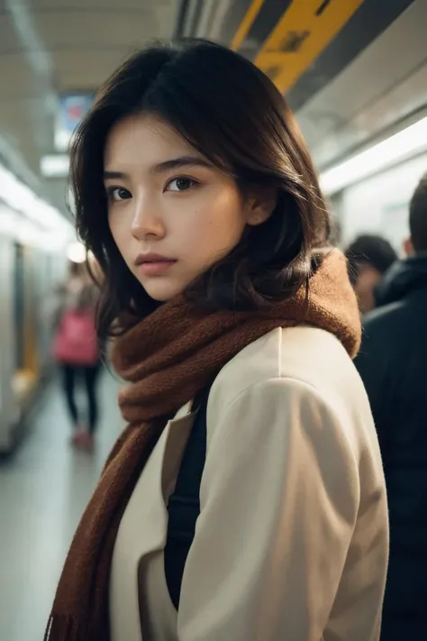 absurdres, 1girl, famai, lifelike rendering, chestnut, cowboy shot, side view, looking at viewer, evening, night shot,
a girl inside a subway station, subway train passing behind her, motion blur, (film grain:1.4), winter jacket, scarf, Radiant Comfort, Golden Hour, Cozy Ambiance
RAW photo, (8k, best quality, ultra high res, masterpiece:1.2), beautiful, unparalleled, perfect artwork,
(photorealistic:1.4), (extremely intricate:1.2),
(exquisitely detailed skin),