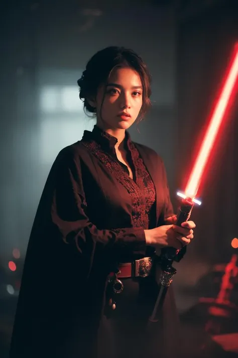 (black and red theme:1.5), (cowboy shot:1.5),
(black robe:1.1), (light saber, holding weapon:1.4), 1girl, 18 years old, (space armer suit), (starwars:1.1), violet light tone,
background, (battle field:1.1), (fighting stance, action posting:1.3), (epic scene:1.1), (fighting with another:1.2),
stylish art, feminine hand, beautiful finger polished nails, extreme detail irises, reflexive eyes retinas, detailed eyebrows, detailed eyelashes, blushed, professional makeup, fabulous hairstyles,
masterpiece, best quality, (multi-layers and multi-textures level:1.1), (perfectly detailed face:1.2), cinematic film still,
extremely intricate details, exquisite body parts detailing, extremely detailed body, extremely detailed environment, maximalism in detail, dust particles, sub surface scattering,
(Low Key:1.3), (in the Dark:1.3), (Dark Scene:1.8), Tyndall effect, volumetric light, blending saturation, noise reduction, visual compositional balancing, masterpiece, best quality, exquisite masterpiece,
extremely exquisite detailed, hyper detailed, extremely high resolution, extremely high res, high resolution, highres, dramatic cinematic light, (ultra-wide angle fantasy world background:1.4),