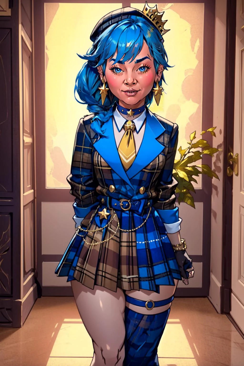 (masterpiece, best quality), intricate details,
1girl, <lora:CHAR-HoshimachiSuiseiV2:0.8> HoshimachiSuisei, side ponytail, blue hair ribbon, SuiseiBase, plaid beret, crown, blue star choker, star earrings, blue ascot, plaid jacket, plaid skirt, layered skirt, partially fingerless gloves, star bracelet, uneven legwear, thigh strap,
<lora:MeatCanyonV1:1.2> arms behind back, leaning forward,
