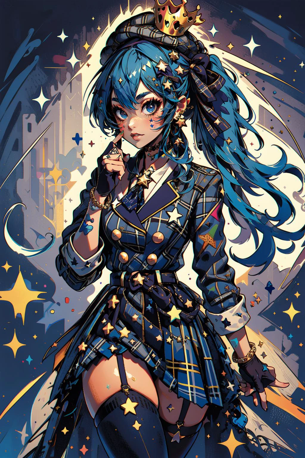 (masterpiece, best quality), intricate details,
1girl, <lora:CHAR-HoshimachiSuiseiV2:0.8> HoshimachiSuisei, side ponytail, blue hair ribbon, SuiseiBase, plaid beret, crown, blue star choker, star earrings, blue ascot, plaid jacket, plaid skirt, layered skirt, partially fingerless gloves, star bracelet, uneven legwear, thigh strap,
<lora:mixed_patterns_of_text_and_emoji:0.8> colorful, facepaint,