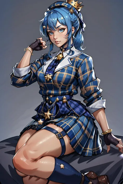 (masterpiece, best quality),  intricate details,
1girl,   <lora:CHAR-HoshimachiSuiseiV2:0.8> HoshimachiSuisei, side ponytail, blue hair ribbon, SuiseiBase, plaid beret, crown, blue star choker, star earrings, blue ascot, plaid jacket, plaid skirt, layered skirt, partially fingerless gloves, star bracelet, uneven legwear, thigh strap,
 <lora:NDC:1.2>