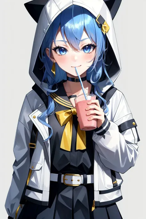 (masterpiece:1.3),(absurdres:1.3),(best quality:1.3),(1girl:1.1),perfect anatomy,SuiseiSchool,long hair,black serafuku,black shirt,black choker,yellow bowtie,grey belt,black skirt,white jacket,hood up,cat hood,open jacket,smile,juice box,drinking juice,drinking straw in mouth,simple background,portrait,<lora:CHAR-HoshimachiSuiseiV2:0.9>,