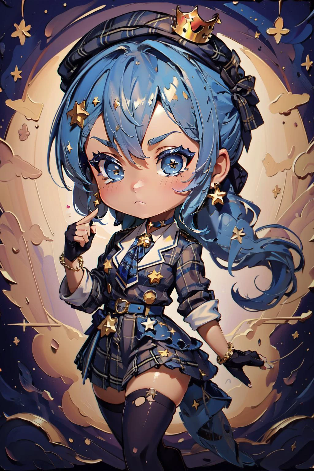 (masterpiece, best quality), intricate details,
1girl, <lora:CHAR-HoshimachiSuiseiV2:0.8> HoshimachiSuisei, side ponytail, blue hair ribbon, SuiseiBase, plaid beret, crown, blue star choker, star earrings, blue ascot, plaid jacket, plaid skirt, layered skirt, partially fingerless gloves, star bracelet, uneven legwear, thigh strap,
<lora:cute_oil:0.8> chibi, cute oil, oil painting \(medium\), brush stroke