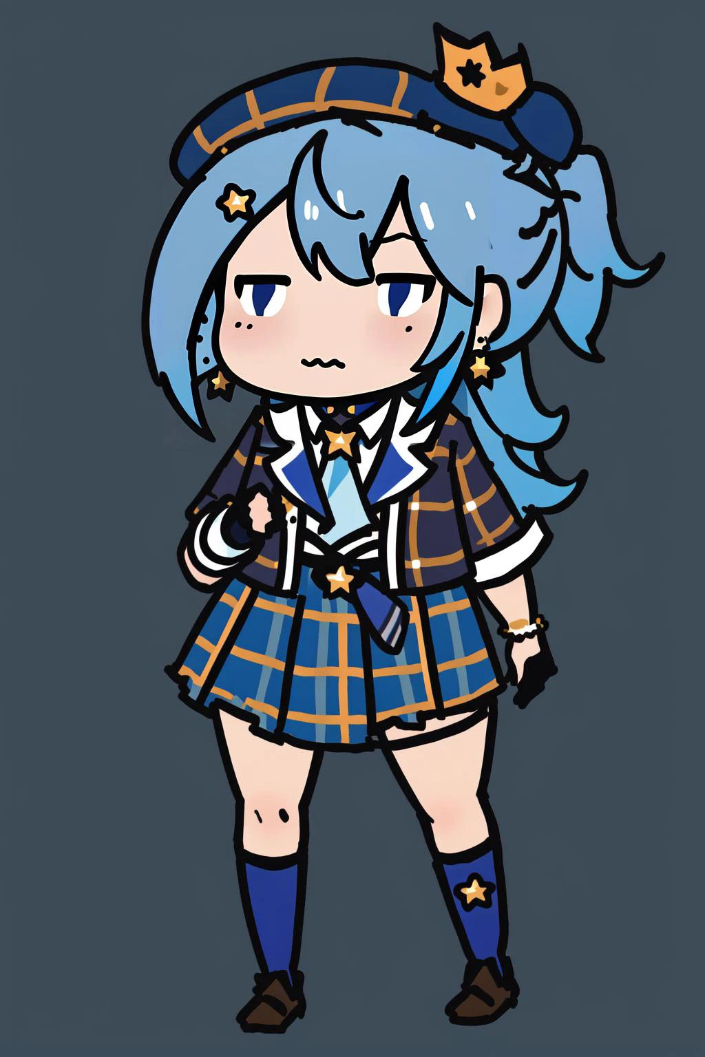 (masterpiece, best quality), intricate details,
1girl, <lora:CHAR-HoshimachiSuiseiV2:0.8> HoshimachiSuisei, side ponytail, blue hair ribbon, SuiseiBase, plaid beret, crown, blue star choker, star earrings, blue ascot, plaid jacket, plaid skirt, layered skirt, partially fingerless gloves, star bracelet, uneven legwear, thigh strap,
<lora:walfie-10:1> walfie