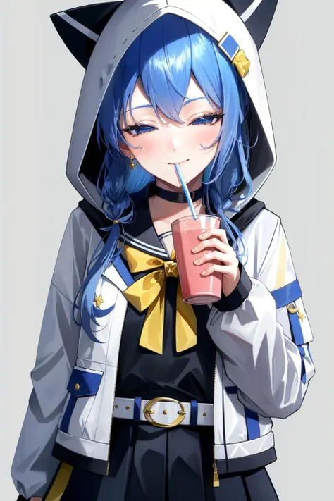 (masterpiece:1.3),(absurdres:1.3),(best quality:1.3),(1girl:1.1),perfect anatomy,SuiseiSchool,long hair,black serafuku,half-closed eyes,black shirt,black choker,yellow bowtie,grey belt,black skirt,white jacket,hood up,cat hood,open jacket,smile,juice box,drinking juice,drinking straw in mouth,simple background,portrait,<lora:CHAR-HoshimachiSuiseiV2:0.9>,